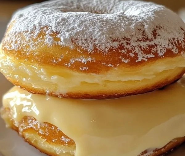 Delicious Bavarian Cream Donuts filled with rich cream and dusted with powdered sugar.