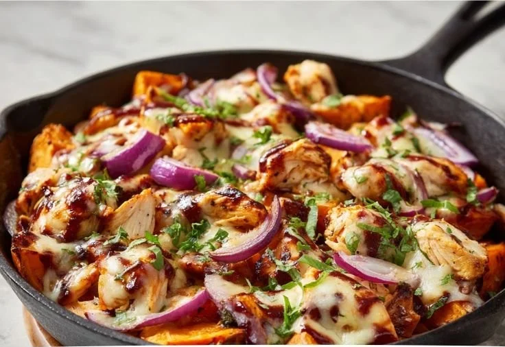 BBQ chicken sweet potato skillet with vibrant veggies in a skillet