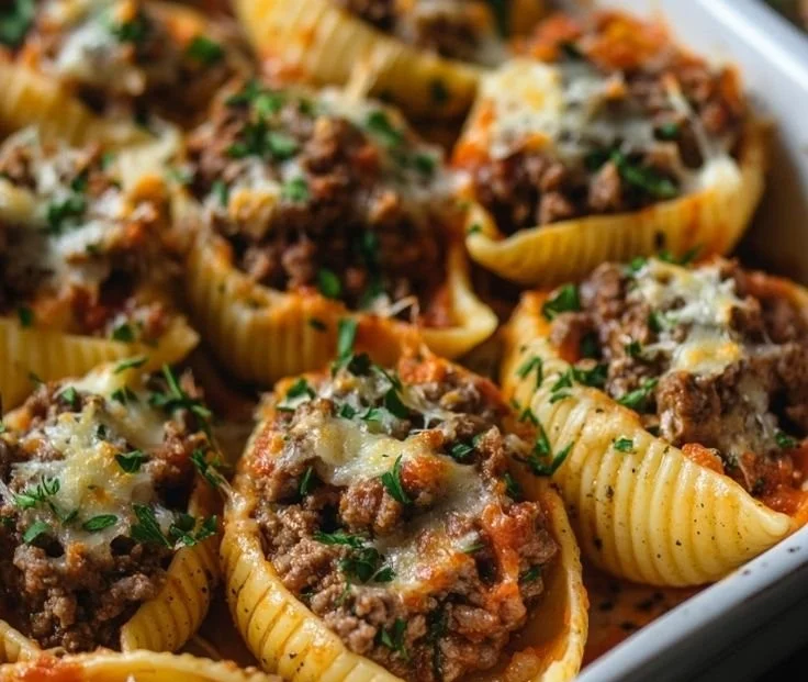 A plate of beef stuffed pasta shells baked with cheese and marinara sauce.