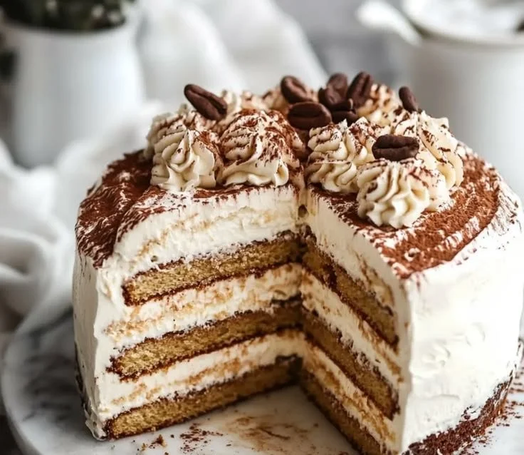 Delicious tiramisu cake with creamy mascarpone frosting on a plate