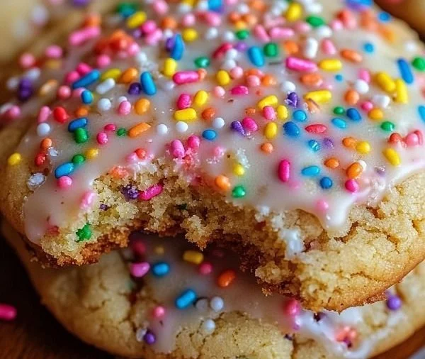 Colorful Birthday Cake Cookies topped with sprinkles and frosting on a plate.