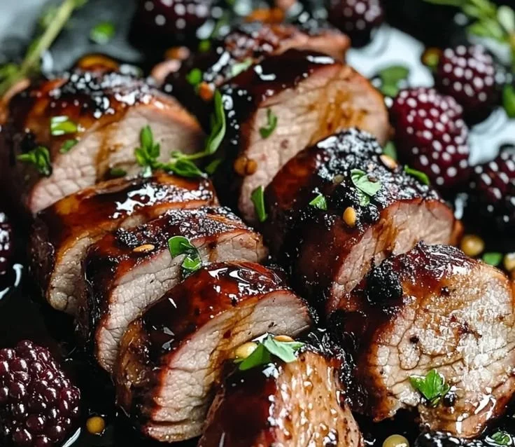 Plate of blackberry balsamic glazed pork, garnished and ready for gourmet presentation.