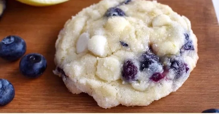Blueberry lemon white chocolate chip cookies on a cooling rack