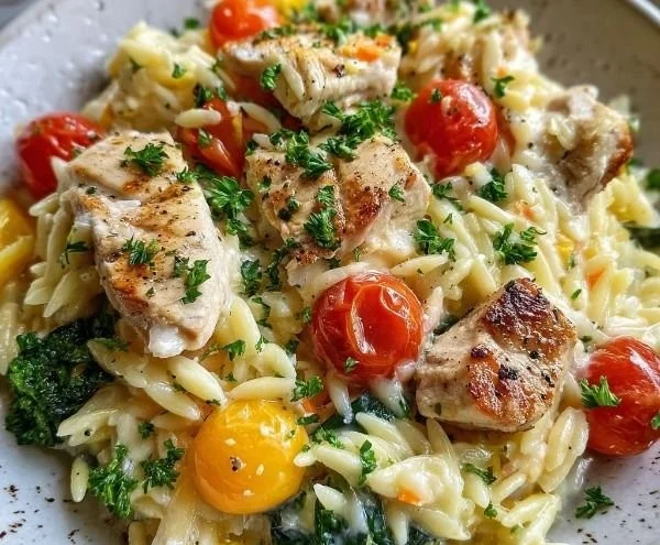 Creamy Boursin Orzo Bake with chicken and vegetables in a one-pan dish