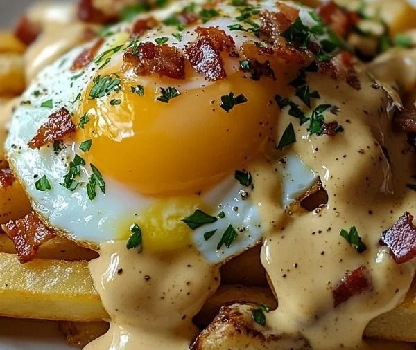 Delicious Breakfast Poutine with rich Hollandaise Sauce served in a bowl.