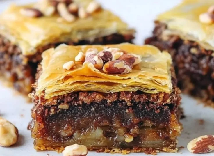 Delicious brownie baklava dessert with layers of chocolate and pastry