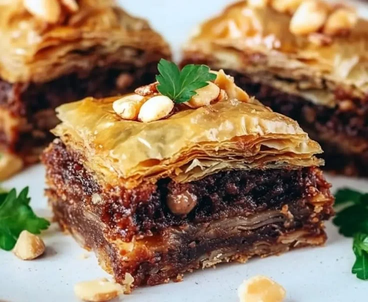 Decadent Brownie Baklava dessert featuring layers of rich chocolate and pastry.