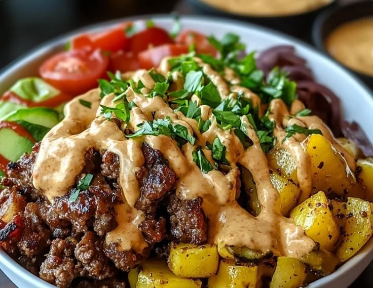 A colorful burger bowl topped with fresh ingredients and a juicy patty.