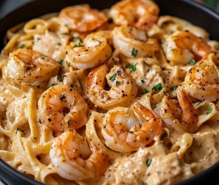 Cajun Chicken Alfredo and shrimp served in a bowl, perfect for pressure cooking lovers.
