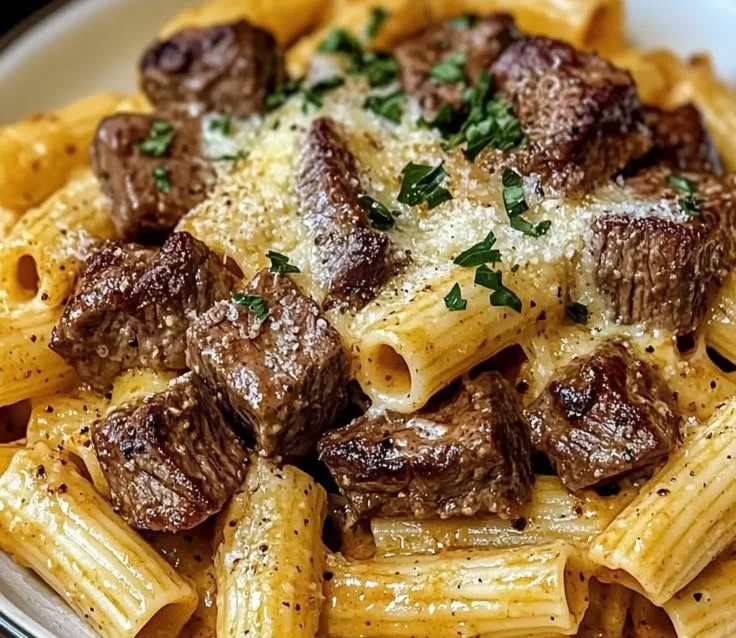 Cajun Steak Tips served in Cheesy Rigatoni Parmesan Sauce with herbs