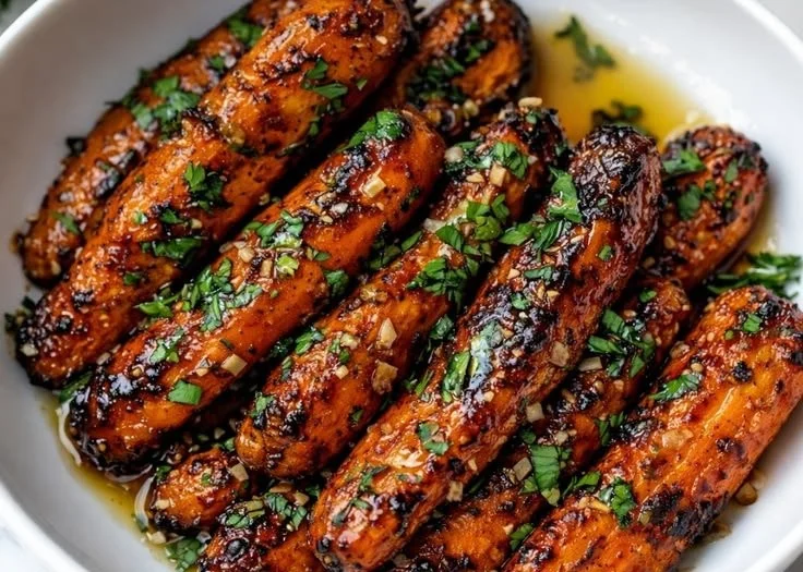 Plate of caramelized honey carrots featuring a golden-brown glaze