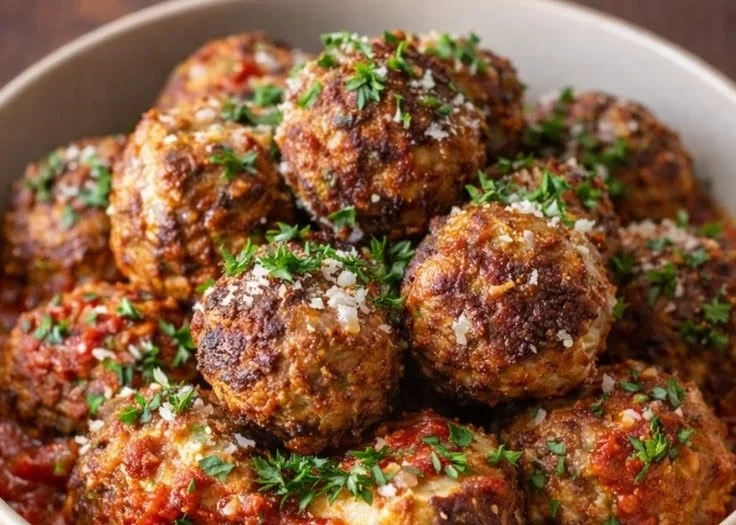 Delicious carnivore ricotta meatballs served with sauce and herbs.