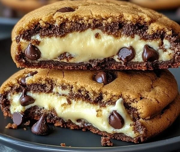 Cheesecake stuffed chocolate chip cookies fresh out of the oven
