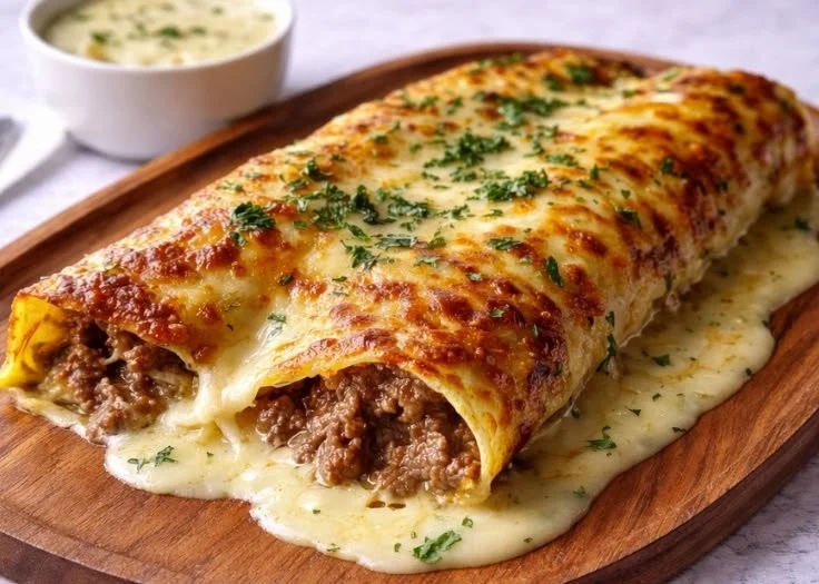 Cheesy chicken enchiladas topped with sauce and cheese, served on a plate.