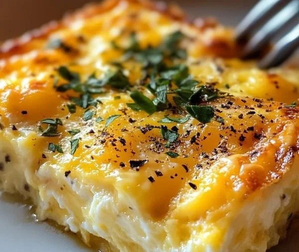 Cheesy egg bake topped with melted cheese and fresh herbs in a baking dish.