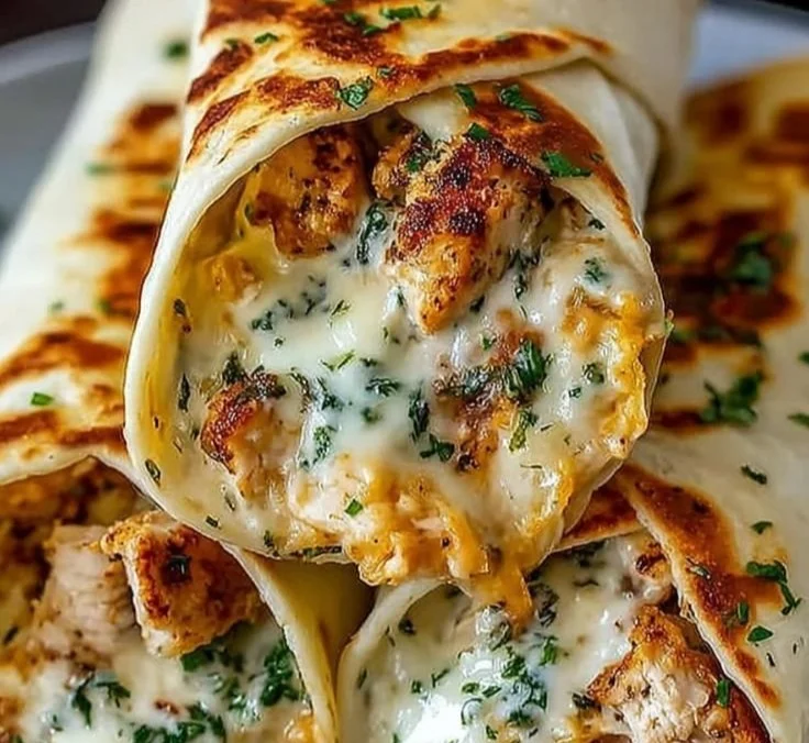 Delicious cheesy garlic chicken wraps served with fresh ingredients