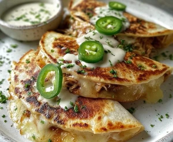 Cheesy hot honey chicken quesadillas with spicy jalapeño cream sauce served on a plate