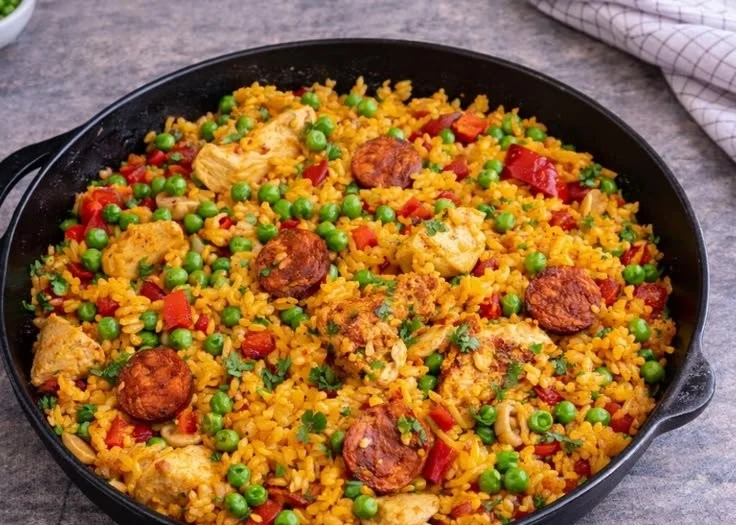 Delicious Chicken and Chorizo Paella garnished with herbs and colorful vegetables.