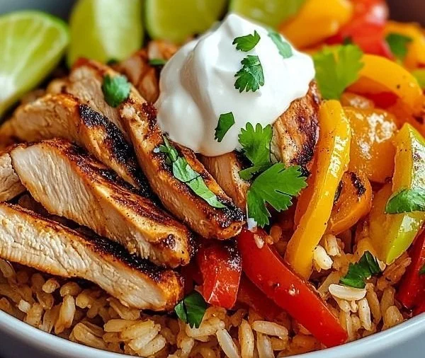 Delicious Chicken Fajita Rice Bowl with chicken, peppers, and spices