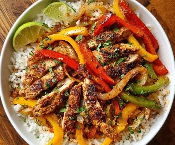 Delicious Chicken Fajita Rice Bowls topped with colorful vegetables and seasonings