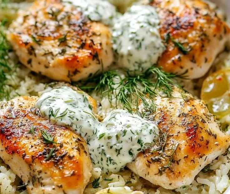 Chicken tzatziki casserole cooked in a pressure cooker with fresh herbs and spices.