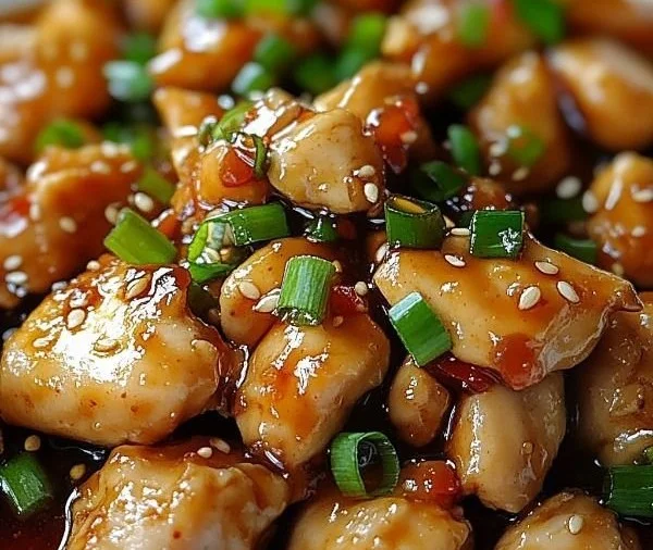 Plate of chicken with garlic sauce garnished with herbs