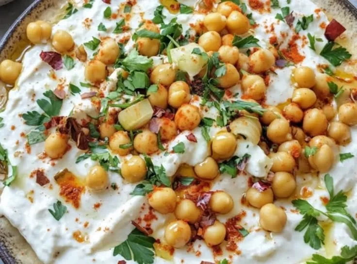 Delicious Chickpea Fatteh layered with chickpeas, spices, and tahini sauce