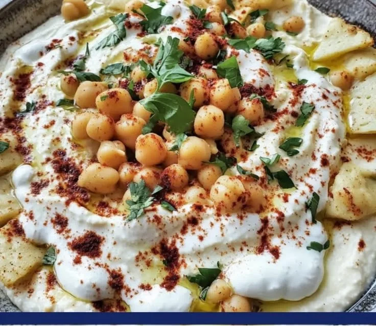 Serving of delicious Chickpea Fatteh garnished with herbs and spices.