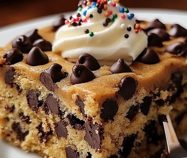 Delicious chocolate chip cookie cake served with chocolate chips on top