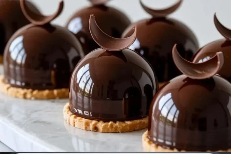 Decadent Chocolate Dome dessert topped with chocolate and served on a plate.