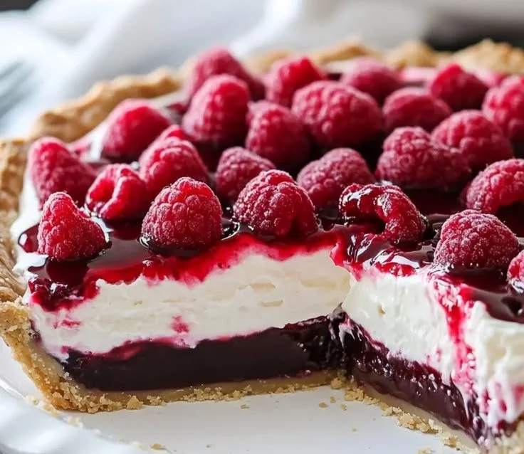 Slice of Chocolate Raspberry Cream Pie topped with fresh raspberries and chocolate