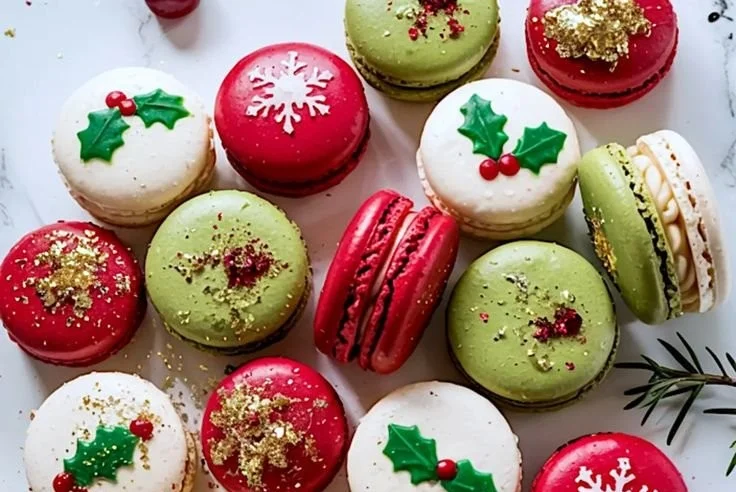 Colorful Christmas Macarons arranged on a festive plate