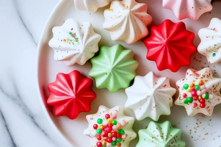 Festive Christmas meringue cookies adorned with colorful sprinkles
