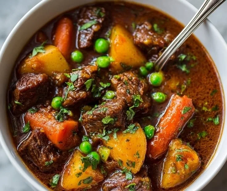 Bowl of classic beef stew with tender meat and fresh vegetables