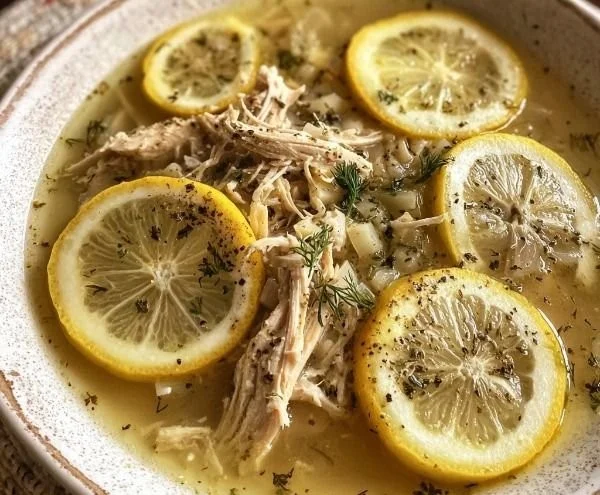 A bowl of classic Greek lemon chicken soup garnished with fresh herbs.