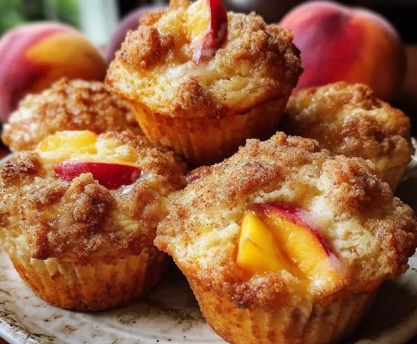 Delicious cobbler-style peach muffins freshly baked