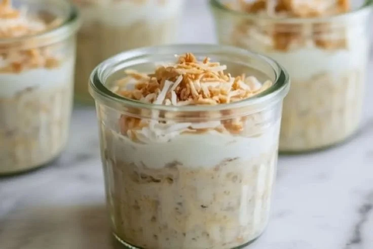 Bowl of Coconut Cream Pie Overnight Oats topped with coconut and fruit