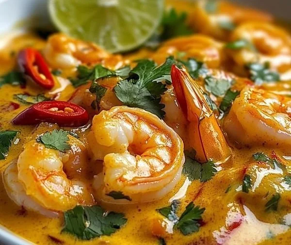 Plate of Coconut Curry Shrimp with vibrant green herbs and spices