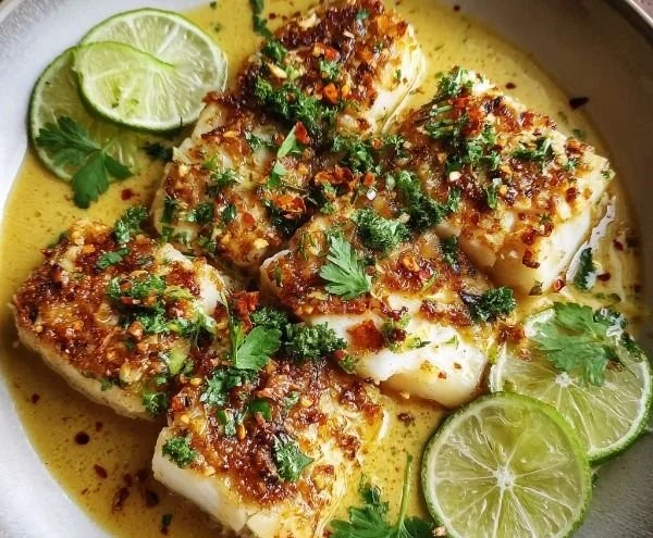 Plate of Coconut Lime Fish drizzled with Garlic Butter Sauce, garnished with lime slices.