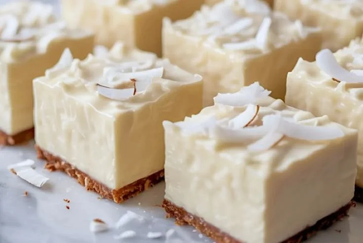 Coconut Rum Snow Squares dessert showcasing creamy white layers and a coconut topping.