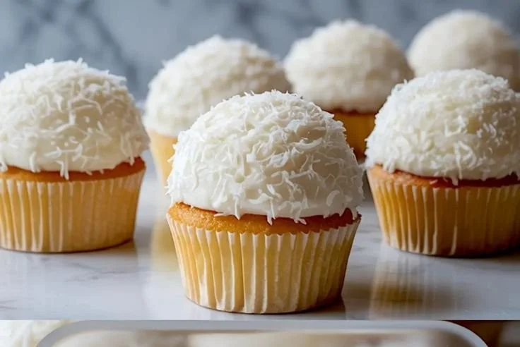 Delicious Coconut Snowball Cupcakes topped with coconut flakes