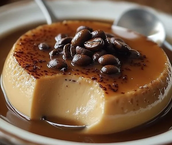 Delicious coffee pudding dessert topped with whipped cream and coffee beans.
