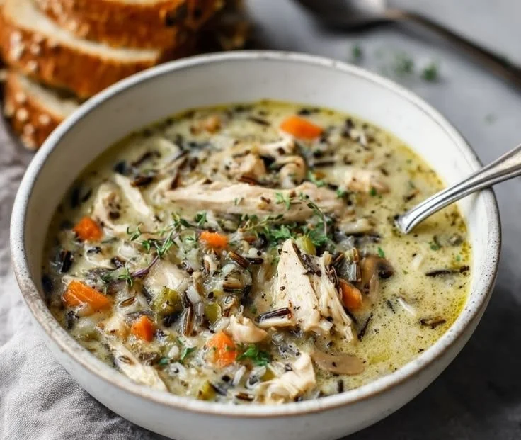 Bowl of copycat Panera chicken and wild rice soup with herbs