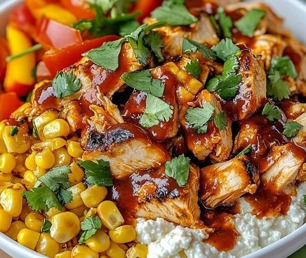 Cottage Cheese BBQ Chicken Bowl with fresh ingredients and BBQ sauce