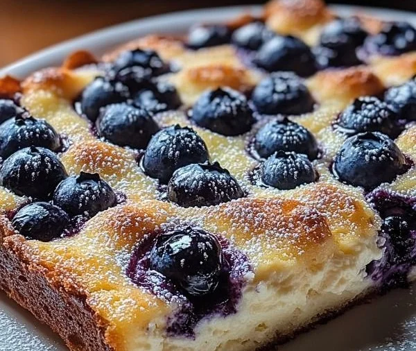 Cottage cheese blueberry bake served in a dish with fresh blueberries on top