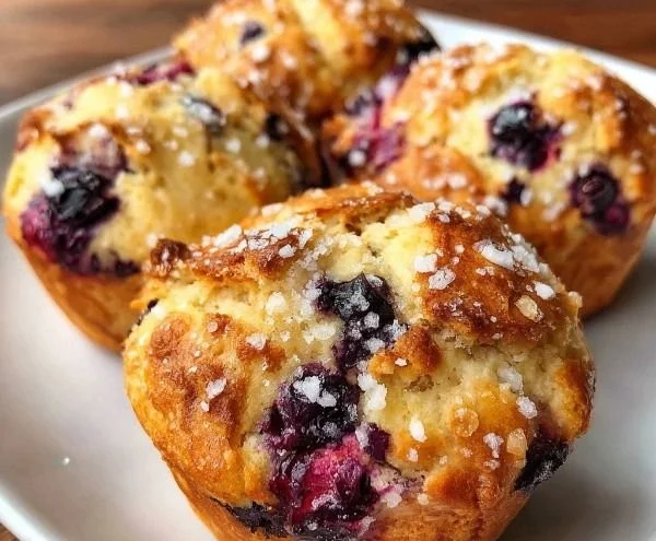Delicious cottage cheese blueberry muffins on a wooden table