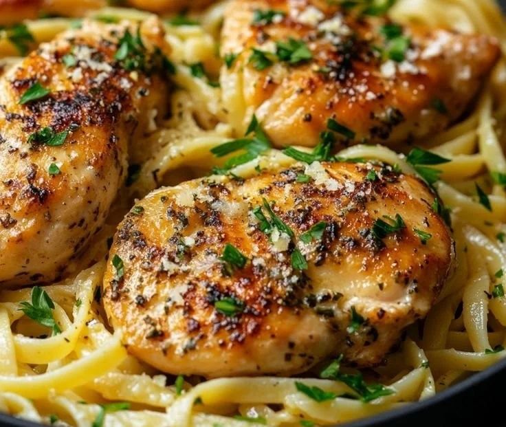 Pressure cooker cowboy butter chicken linguine served in a bowl