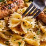 Cowboy Butter Chicken with lemon bowtie pasta and broccoli