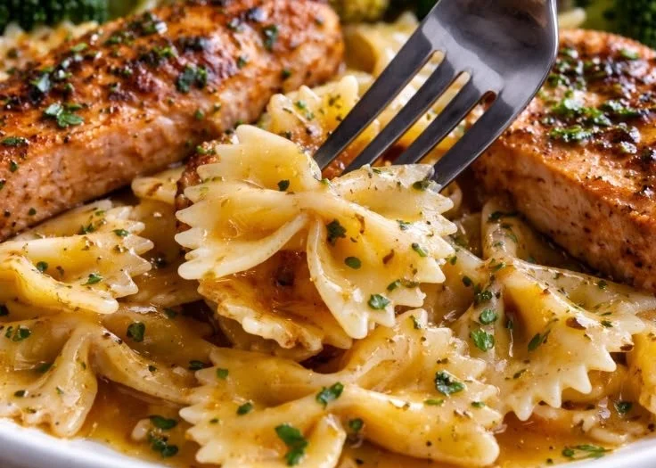 Cowboy Butter Chicken with lemon bowtie pasta and broccoli