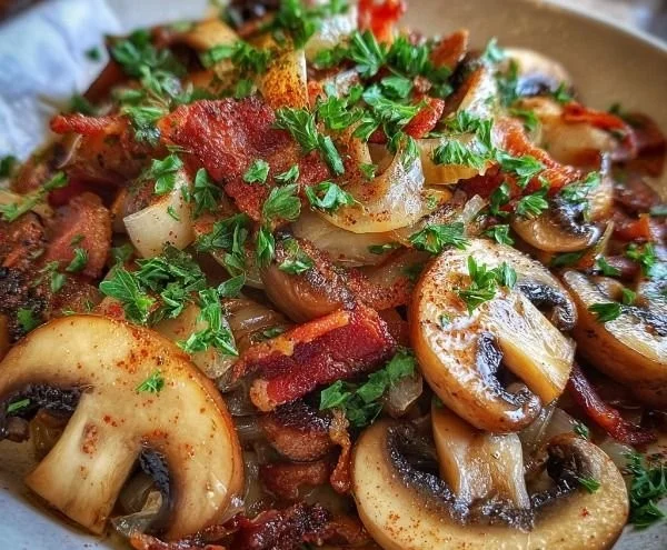 Delicious Cowboy Mushrooms with Bacon and Onions in a skillet
